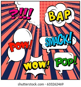 Abstract creative concept comic pop art style blank, layout template with clouds beams and isolated dots background. For sale banner, empty speech bubble set, vector illustration halftone book design
