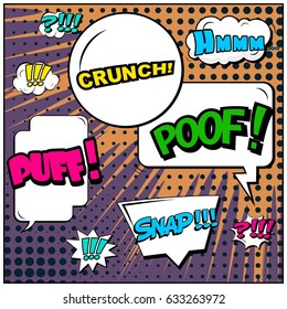Abstract creative concept comic pop art style blank, layout template with clouds beams and isolated dots background. For sale banner, empty speech bubble set, vector illustration halftone book design