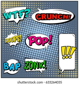 Abstract creative concept comic pop art style blank, layout template with clouds beams and isolated dots background. For sale banner, empty speech bubble set, vector illustration halftone book design