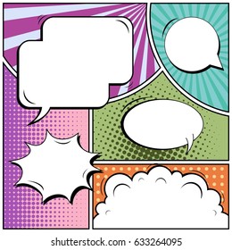 Abstract creative concept comic pop art style blank, layout template with clouds beams and isolated dots background. For sale banner, empty speech bubble set, vector illustration halftone book design