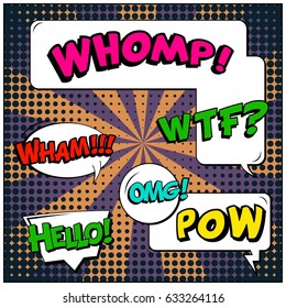 Abstract creative concept comic pop art style blank, layout template with clouds beams and isolated dots background. For sale banner, empty speech bubble set, vector illustration halftone book design