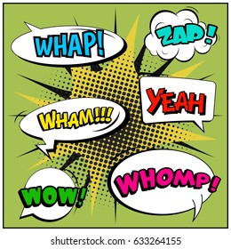 Abstract creative concept comic pop art style blank, layout template with clouds beams and isolated dots background. For sale banner, empty speech bubble set, vector illustration halftone book design