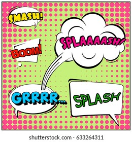 Abstract creative concept comic pop art style blank, layout template with clouds beams and isolated dots background. For sale banner, empty speech bubble set, vector illustration halftone book design
