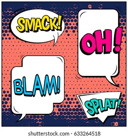 Abstract creative concept comic pop art style blank, layout template with clouds beams and isolated dots background. For sale banner, empty speech bubble set, vector illustration halftone book design