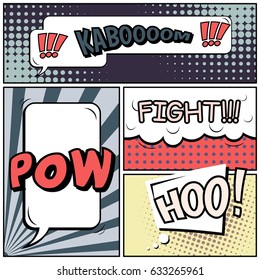 Abstract creative concept comic pop art style blank, layout template with clouds beams and isolated dots background. For sale banner, empty speech bubble set, vector illustration halftone book design