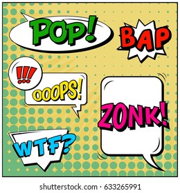Abstract creative concept comic pop art style blank, layout template with clouds beams and isolated dots background. For sale banner, empty speech bubble set, vector illustration halftone book design
