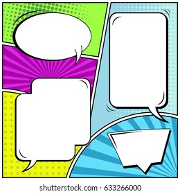 Abstract creative concept comic pop art style blank, layout template with clouds beams and isolated dots background. For sale banner, empty speech bubble set, vector illustration halftone book design