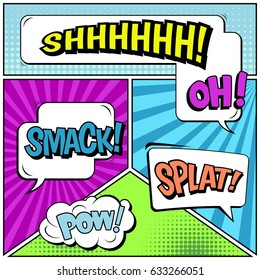 Abstract creative concept comic pop art style blank, layout template with clouds beams and isolated dots background. For sale banner, empty speech bubble set, vector illustration halftone book design