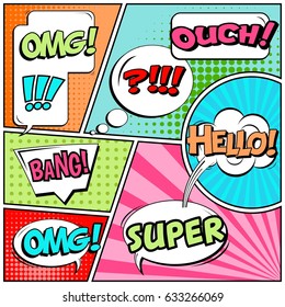 Abstract creative concept comic pop art style blank, layout template with clouds beams and isolated dots background. For sale banner, empty speech bubble set, vector illustration halftone book design