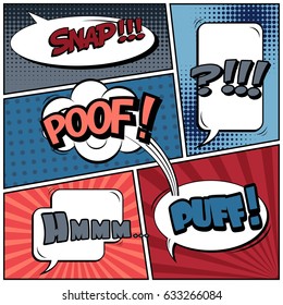 Abstract creative concept comic pop art style blank, layout template with clouds beams and isolated dots background. For sale banner, empty speech bubble set, vector illustration halftone book design