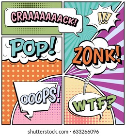 Abstract creative concept comic pop art style blank, layout template with clouds beams and isolated dots background. For sale banner, empty speech bubble set, vector illustration halftone book design