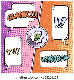 Abstract creative concept comic pop art style blank, layout template with clouds beams and isolated dots background. For sale banner, empty speech bubble set, vector illustration halftone book design