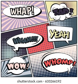 Abstract creative concept comic pop art style blank, layout template with clouds beams and isolated dots background. For sale banner, empty speech bubble set, vector illustration halftone book design