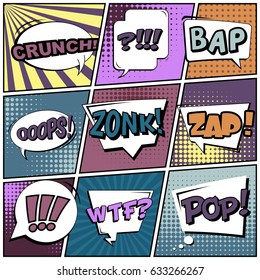 Abstract creative concept comic pop art style blank, layout template with clouds beams and isolated dots background. For sale banner, empty speech bubble set, vector illustration halftone book design