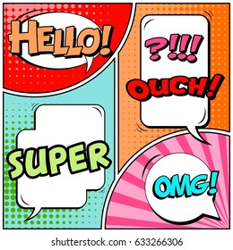 Abstract creative concept comic pop art style blank, layout template with clouds beams and isolated dots background. For sale banner, empty speech bubble set, vector illustration halftone book design