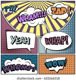 Abstract creative concept comic pop art style blank, layout template with clouds beams and isolated dots background. For sale banner, empty speech bubble set, vector illustration halftone book design