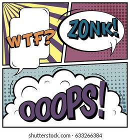 Abstract creative concept comic pop art style blank, layout template with clouds beams and isolated dots background. For sale banner, empty speech bubble set, vector illustration halftone book design