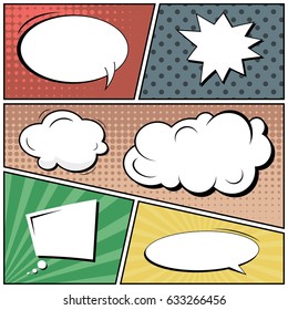 Abstract creative concept comic pop art style blank, layout template with clouds beams and isolated dots background. For sale banner, empty speech bubble set, vector illustration halftone book design