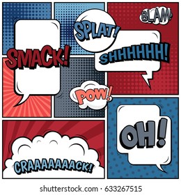 Abstract creative concept comic pop art style blank, layout template with clouds beams and isolated dots background. For sale banner, empty speech bubble set, vector illustration halftone book design