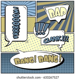 Abstract creative concept comic pop art style blank, layout template with clouds beams and isolated dots background. For sale banner, empty speech bubble set, vector illustration halftone book design