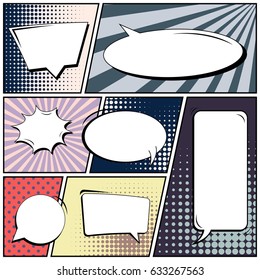 Abstract creative concept comic pop art style blank, layout template with clouds beams and isolated dots background. For sale banner, empty speech bubble set, vector illustration halftone book design