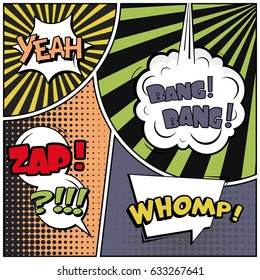 Abstract creative concept comic pop art style blank, layout template with clouds beams and isolated dots background. For sale banner, empty speech bubble set, vector illustration halftone book design
