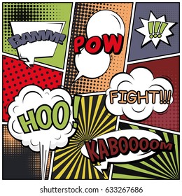 Abstract creative concept comic pop art style blank, layout template with clouds beams and isolated dots background. For sale banner, empty speech bubble set, vector illustration halftone book design