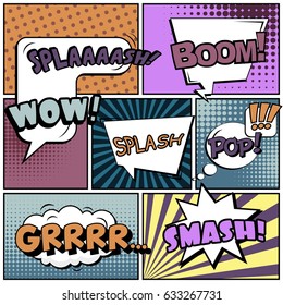 Abstract creative concept comic pop art style blank, layout template with clouds beams and isolated dots background. For sale banner, empty speech bubble set, vector illustration halftone book design