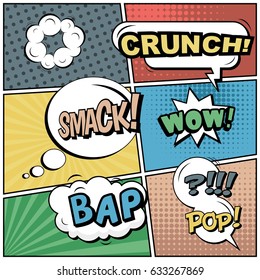 Abstract creative concept comic pop art style blank, layout template with clouds beams and isolated dots background. For sale banner, empty speech bubble set, vector illustration halftone book design