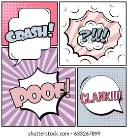 Abstract creative concept comic pop art style blank, layout template with clouds beams and isolated dots background. For sale banner, empty speech bubble set, vector illustration halftone book design