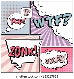 Abstract creative concept comic pop art style blank, layout template with clouds beams and isolated dots background. For sale banner, empty speech bubble set, vector illustration halftone book design