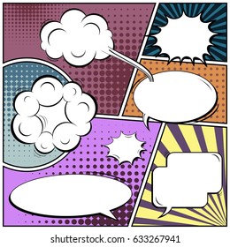 Abstract creative concept comic pop art style blank, layout template with clouds beams and isolated dots background. For sale banner, empty speech bubble set, vector illustration halftone book design