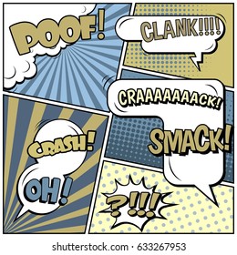 Abstract creative concept comic pop art style blank, layout template with clouds beams and isolated dots background. For sale banner, empty speech bubble set, vector illustration halftone book design
