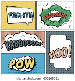 Abstract creative concept comic pop art style blank, layout template with clouds beams and isolated dots background. For sale banner, empty speech bubble set, vector illustration halftone book design