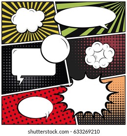 Abstract creative concept comic pop art style blank, layout template with clouds beams and isolated dots background. For sale banner, empty speech bubble set, vector illustration halftone book design