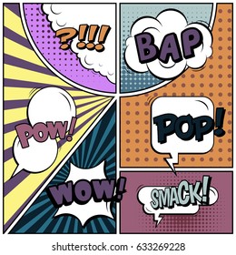 Abstract creative concept comic pop art style blank, layout template with clouds beams and isolated dots background. For sale banner, empty speech bubble set, vector illustration halftone book design
