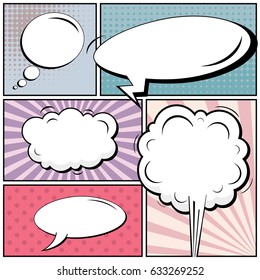 Abstract creative concept comic pop art style blank, layout template with clouds beams and isolated dots background. For sale banner, empty speech bubble set, vector illustration halftone book design