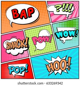 Abstract creative concept comic pop art style blank, layout template with clouds beams and isolated dots background. For sale banner, empty speech bubble set, vector illustration halftone book design