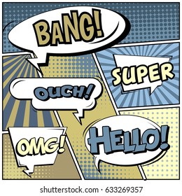 Abstract creative concept comic pop art style blank, layout template with clouds beams and isolated dots background. For sale banner, empty speech bubble set, vector illustration halftone book design