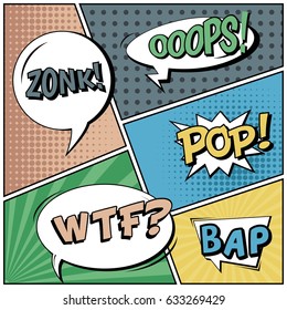 Abstract creative concept comic pop art style blank, layout template with clouds beams and isolated dots background. For sale banner, empty speech bubble set, vector illustration halftone book design