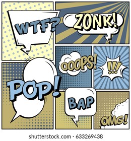 Abstract creative concept comic pop art style blank, layout template with clouds beams and isolated dots background. For sale banner, empty speech bubble set, vector illustration halftone book design