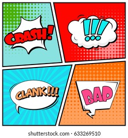 Abstract creative concept comic pop art style blank, layout template with clouds beams and isolated dots background. For sale banner, empty speech bubble set, vector illustration halftone book design