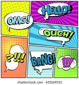 Abstract creative concept comic pop art style blank, layout template with clouds beams and isolated dots background. For sale banner, empty speech bubble set, vector illustration halftone book design