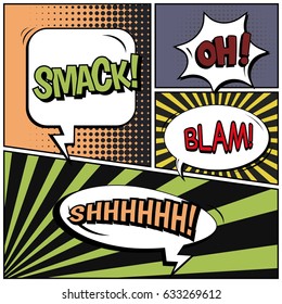 Abstract creative concept comic pop art style blank, layout template with clouds beams and isolated dots background. For sale banner, empty speech bubble set, vector illustration halftone book design