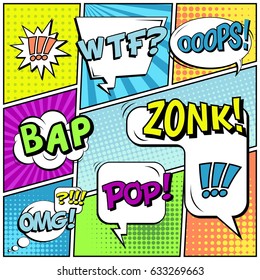 Abstract creative concept comic pop art style blank, layout template with clouds beams and isolated dots background. For sale banner, empty speech bubble set, vector illustration halftone book design