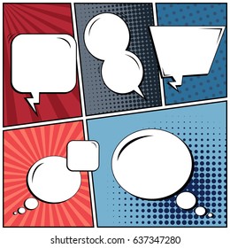 Abstract creative concept comic pop art style blank, layout template with clouds beams and isolated dots background. For sale banner, empty speech bubble set, vector illustration halftone book design