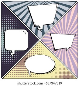 Abstract creative concept comic pop art style blank, layout template with clouds beams and isolated dots background. For sale banner, empty speech bubble set, vector illustration halftone book design
