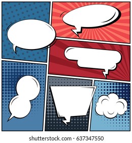 Abstract creative concept comic pop art style blank, layout template with clouds beams and isolated dots background. For sale banner, empty speech bubble set, vector illustration halftone book design