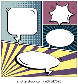 Abstract creative concept comic pop art style blank, layout template with clouds beams and isolated dots background. For sale banner, empty speech bubble set, vector illustration halftone book design