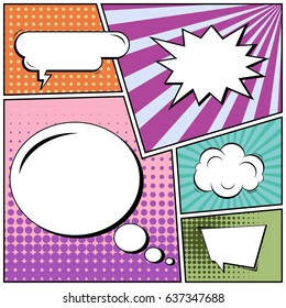 Abstract creative concept comic pop art style blank, layout template with clouds beams and isolated dots background. For sale banner, empty speech bubble set, vector illustration halftone book design